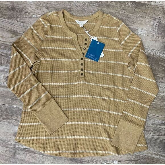 Market & Spruce Tops - Market & Spruce Womens Camel Striped Henley Shirt Sz L